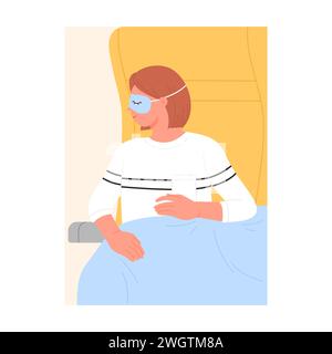 Passeggero donna che dorme sul volo aereo. Illustrazione vettoriale di cartoni animati di classe business del piano Illustrazione Vettoriale