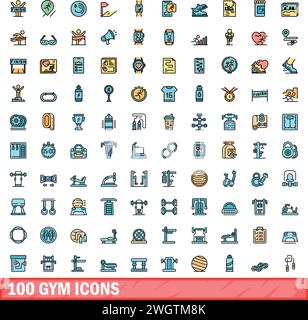 set di 100 icone della palestra. Set di linee cromatiche di icone vettoriali palestra linea sottile colore piatto su bianco Illustrazione Vettoriale