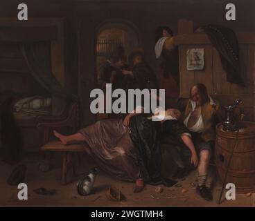 La coppia Drunken, Jan Havicksz. Steen, c. 1655 - c. 1665 dipingendo la coppia ubriaca. Su un divano di legno si trova una donna ubriaca, una pipa nella mano destra e il braccio sinistro sul ginocchio di un vecchio ubriaco che cantava seduto accanto a lei. A sinistra un letto, un gatto guarda la donna sul pavimento. A destra una botte su cui può essere un vino. Sullo sfondo, una donna e due musicisti rubano i vestiti dell'uomo. Sulla recinzione un'impronta con un gufo. oliare la vernice (vernice). paneel: ubriachezza di quercia (legno). furto. vetro, rummer. gufi. Cieco, cecità - AA - metaforicamente cieco Foto Stock