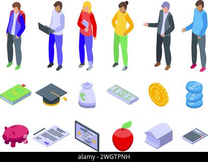 Le icone dei prestiti degli studenti impostano il vettore isometrico. Libri di contratto. Paga in contanti per la laurea Illustrazione Vettoriale