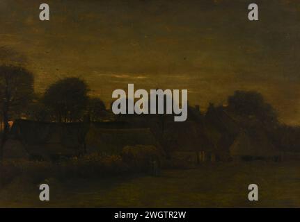 Villaggio agricolo al crepuscolo, Vincent van Gogh, 1884 dipinti Vista di un villaggio in serata. Sul bordo di un prato, tra gli alberi, ci sono diverse case basse con tetti di paglia. Al centro ci sono due figure davanti a un pagliaio. tela. villaggio di pittura a olio. sera Foto Stock