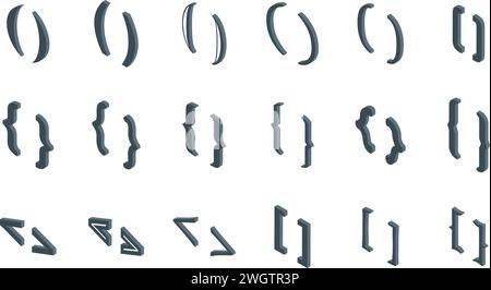 Le icone parentesi parentesi delle parentesi impostano il vettore isometrico. Aprire chiudere ricci. Parentesi graffe di testo Illustrazione Vettoriale