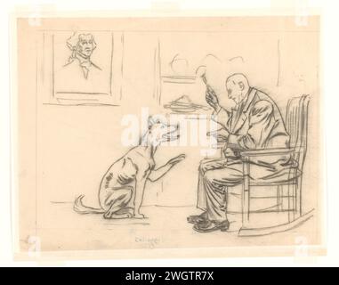 Design per illustrazione nell'Amsterdammer: Un uomo seduto tiene un cane uno spuntino (9 agosto 1919), Johan Braakensiek, 1919 Drawing Design for a print. carta da ricalco. matita. caricature politiche e satire di gesso Foto Stock