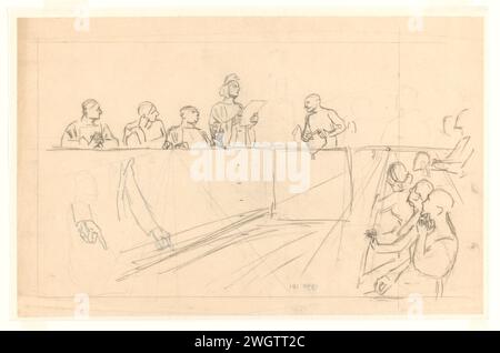 Design per illustrazione nell'Amsterdammer: A Court with a man in the dock (14 febbraio 1920), Johan Braakensiek, 1920 Drawing Design for a print. carta da ricalco. caricature politiche e satire di gesso. eventi e situazioni storiche Foto Stock