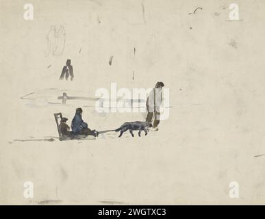 Slitta con due bambini tirata da un uomo con cane, Adolf le Comte, carta da disegno 1860 - 1921. scorrimento pennello ad acquerello (pittura) (gioco con neve e ghiaccio) Foto Stock