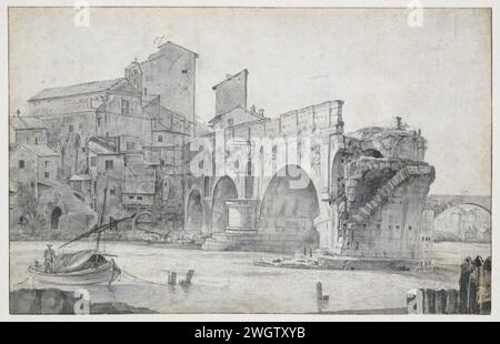 Veduta del Ponte rotto di Roma, visto da Oriente, Jan Asselijn, c. 1636 - c. 1644 disegnando (forse) carta di Roma. gesso. inchiostro. acquerello (vernice). pennello per pittura da ponte vista città in generale; "veduta". ponte in città sul fiume, sul canale, ecc. Ponte rotto. Trastevere Foto Stock