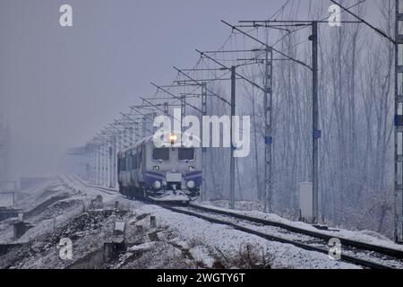 Srinagar, India. 4 febbraio 2024. 5 febbraio 2024, Srinagar, India: Una nevicata fresca ha colpito la periferia del Kashmir mettendo in allerta diverse parti della valle del Kashmir a causa della neve. Il 5 febbraio 2024 a Srinagar, India. (Foto di t Umer Qadir/ Eyepix Group/Sipa USA) credito: SIPA USA/Alamy Live News Foto Stock