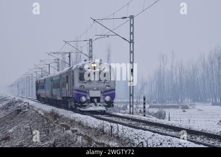 Srinagar, India. 4 febbraio 2024. 5 febbraio 2024, Srinagar, India: Una nevicata fresca ha colpito la periferia del Kashmir mettendo in allerta diverse parti della valle del Kashmir a causa della neve. Il 5 febbraio 2024 a Srinagar, India. (Foto di t Umer Qadir/ Eyepix Group/Sipa USA) credito: SIPA USA/Alamy Live News Foto Stock