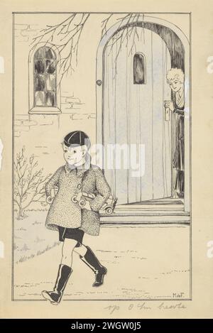 Bambino che cammina con un'auto giocattolo, c. 1928 - c. 1941 disegnando Un ragazzo si allontana da una porta d'ingresso. Tiene un'auto giocattolo sotto il braccio. Sulla porta c'è una donna che guarda il bambino. carta. Inchiostro India (inchiostro). inchiostro. vernice del ponte. penna a matita/pennello (bambino tra bambino e bambino). recinzione, muro, palpazione. (giocare con) veicoli a ruote Foto Stock