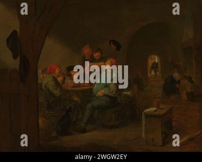 Bearing Bout in a Tavern, Adriaen Brouwer (modo di), c. 1700 Painting the Master Dronk. Interno dell'hotel con un gruppo di persone intorno a un tavolo. Sulla destra un uomo grasso che beve da una caraffa di birra, gli altri cantano per lui. Sul retro destro c'è una vecchia donna che prepara i pancake accanto al caminetto. pannello. vernice a olio (vernice) inn, caffetteria, pub, ecc... bere. birra, birra. pancake Foto Stock