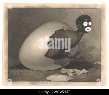 Design per illustrazione nell'Amsterdammer: Un uomo nero strizza da un uovo (19 aprile 1930), Johan Braakensiek, 1930 disegno disegno disegno disegno disegno per una stampa. carta. vernice del ponte. il gesso spazzò caricature politiche e satire Foto Stock