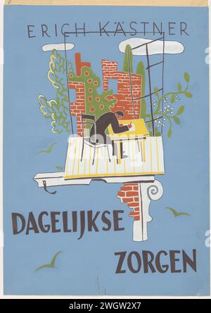 Band design per: Erich Kästner, preoccupazioni quotidiane. Songs and Prose 1945-1948 (Der Tägliche Kram), 1950, Unknown, in or before 1950 drawing A man is writing on a platform at a writing table. La piattaforma è supportata da una parte di una parete e da una console. Oltre all'uomo, è possibile vedere un muro di mattoni, piante, uccelli e una finestra francese. carta. carta da ricalco. vernice (rivestimento). vernice del ponte. pennello a matita, scrivania. dettagli architettonici. piante (in generale). aprire la finestra Foto Stock