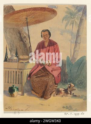 Seduto (giavanese?) Venditore sotto un Payung, lungo la strada, Ernest Alfred Hardouin, c. 1837 - c. 1854 disegnando carta Batavia. matita. pennello per acquerello (vernice) Foto Stock
