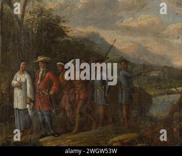 Mercante olandese con due uomini schiavi a Heuvellandschap, 1700 - 1725 dipingendo Un uomo olandese e una donna asiatica a camminare fianco a fianco, seguito da due uomini affascinati realizzati. La donna indossa un sarong e una kebaja e tiene un panno nella mano sinistra. L'uomo indossa una giacca rossa lunga al ginocchio chiamata Justaucorps in Europa. I sacchi in posizione molto bassa (valvole tascabili) sono tipici della moda all'inizio del XVIII secolo. Gli ampi polsini posteriori che spesso hanno questi tipi di giacche, mancano qui. L'uomo indossa una cintura intorno alla vita su cui è appesa una spada corta. Sotto la giacca porta un lungo indaco Foto Stock