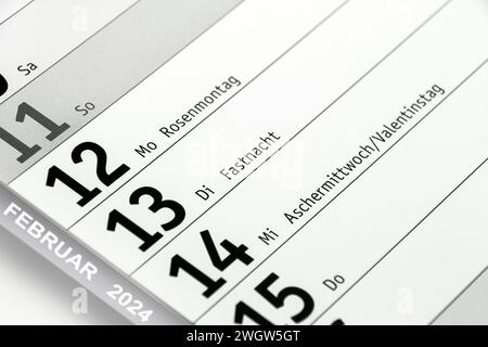 Calendario tedesco 2024 febbraio Carnevale Rose Lunedi Shrove martedì mercoledì delle ceneri San Valentino Foto Stock