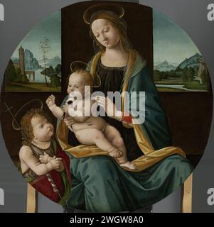 Vergine col bambino con il bambino San Giovanni Battista, Meester van de conversazione di Santo Spirito, c. 1490 - c. 1515 dipinto Maria con bambino e Giovanni Battista. Maria seduta tra due finestre con il bambino Cristo in grembo, il bambino tiene una rondine nella mano sinistra. A sinistra Giovanni Battista da bambino. Dalle finestre si gode una vista su un paesaggio con montagne e fiumi. Pannello di Firenze. Pittura ad olio (pittura) Maria e il Cristo-bambino con Giovanni Battista (bambino) Foto Stock