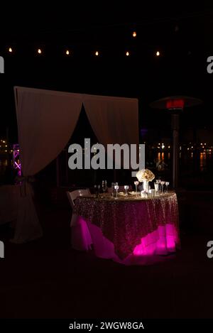 Tavolo da nozze decorato con eleganti bicchieri da vino e fiori vivaci, splendidamente illuminato sotto una notte stellata Foto Stock