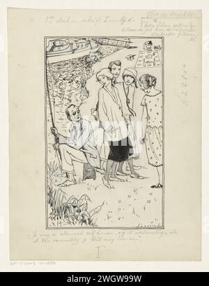 Tre ragazze e un ragazzo parlano con un pescatore, Anny Leusink, in o prima del 1925 disegnare Un pescatore è seduto lungo un lungomare. Indossa gli occhiali da sole e si gira e parla con un gruppo composto da tre ragazze e un ragazzo. Sullo sfondo c'è una ragazza su un tappeto da picnic su cui sono esposti piatti, bottiglie e cibo. carta. Inchiostro India (inchiostro). vernice del ponte. penna a matita / pennello pescatore. seduti a terra. articoli da tavolo Foto Stock