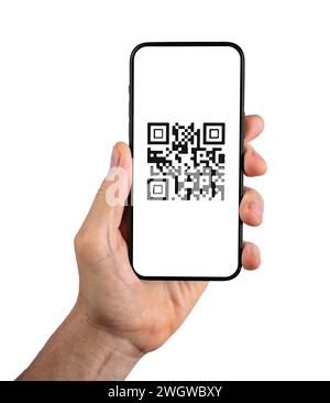 Codice QR sull'app del telefono cellulare. Scanner QRCode, applicazione lettore in mano isolata su sfondo bianco Foto Stock