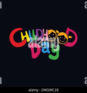 Illustrazione di lettere vettoriali del giorno dell'infanzia con il volto dei cartoni animati dei bambini. Logo del giorno del cancro infantile. Design colorato. Illustrazione Vettoriale