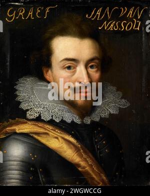 Ritratto di Jan il giovane (1583-1638), conte di Nassau-Siegen, Jan Antonisz van Ravesteyn (laboratorio di), c. 1614 - c. 1633 dipinto Ritratto di Jan de Jongere (1583-1638), conte di Nassau-Siegen. Busto a destra, in armatura. Parte della serie di ritratti dello Stadhouderlijk Hof a Leeuwarden. pannello. personale storico della vernice a olio (vernice) Foto Stock