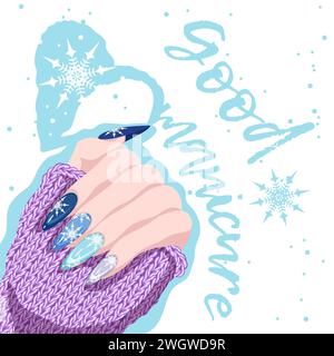 Mano femminile con manicure invernale con fiocchi di neve e un caldo maglione a maglia. Il concetto di un bel design alla moda sulle unghie lunghe. Chiodo moderno Illustrazione Vettoriale