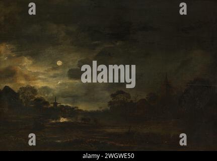 Landscape by Moonlight, Aert van der Neer, c. 1640 - c. 1650 dipinto Landscape at Moonlight. Vista di un villaggio sull'acqua. Sul lungomare ci sono alcune mucche, sulla destra il paese, un mulino sulla sinistra in lontananza. La luna brilla attraverso la copertura nuvola. pannello. oliare la vernice (vernice) al chiaro di luna. Notte  paesaggio (a volte chiamato 'NOx'). mulino a vento nel paesaggio Foto Stock