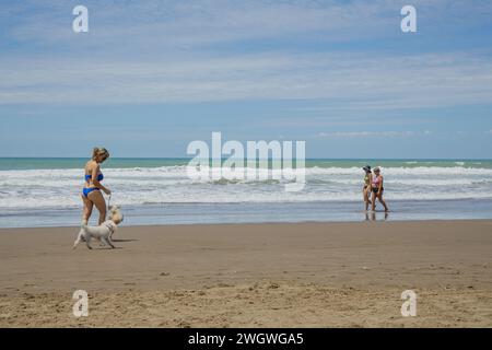 Mar del Plata, Argentina - 15 gennaio 2024: Le persone camminano lungo la spiaggia del porto di Mar del Plata. Foto Stock