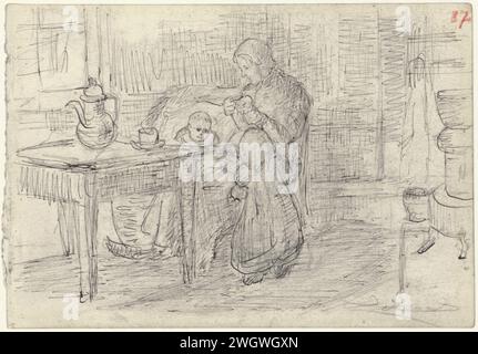 Interno con donna portatrice di handicap con due figli, Jozef Israëls, 1834 - 1911 carta da disegno. inchiostro. penna a matita all'interno della casa. madre e bambino o bambino piccolo. (altre forme di) ricamo, ad esempio: uncinetto, maglieria, ricamo Foto Stock