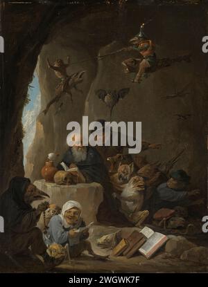 La tentazione di sant'antonio, David teniers (II), c. 1645 dipingendo la tentazione di Sant'Antonio. In una grotta, l'inginocchiato Antonius prega con le mani piegate per un libro aperto che poggia su un cranio. L'eremita è circondato da tutti i tipi di diavoli e mostri che cercano di distrarlo. In aria un pipistrello, una rana e un uccello su un pesce volante tengono una giostra. A sinistra in primo piano un diavolo nel cappuccio dei monaci con un rosario. pannello. Vernice a olio (vernice) tentazioni di St. Antony Abate Foto Stock