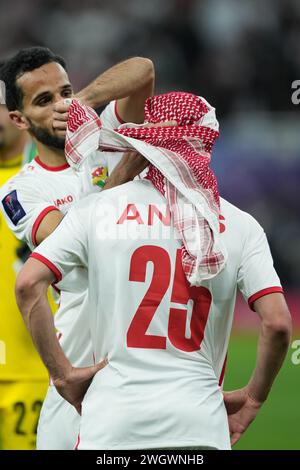 Doha, Qatar. 6 febbraio 2024. DOHA, QATAR - 06 FEBBRAIO: Anas al-Awadat giocatori della nazionale giordana celebra durante la semifinale di Coppa d'Asia AFC tra Giordania e Corea del Sud allo stadio Ahmad Bin Ali il 6 febbraio 2024 a Doha, Qatar crediti: Sebo47/Alamy Live News Foto Stock