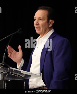 Westwego, Stati Uniti. 6 febbraio 2024. Il governatore della Louisiana Jeff Landry parla durante la riunione annuale 2024 della camera di commercio Jefferson presso l'Alario Center di Westwego, Louisiana, martedì 6 febbraio 2023. (Foto di Peter G. Forest/Sipa USA) credito: SIPA USA/Alamy Live News Foto Stock