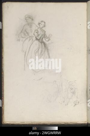 Foglio di studio con figure, 1837 - 1881 tra le altre cose, uno studio di un uomo dietro una donna ha due oggetti nelle sue mani. Anche uno studio di un uomo in costume del XVII secolo. Foglia 21 verso da un bozzetto con 33 fogli e 10 disegni separati. carta. matita. costume storico con gesso. figura in piedi Foto Stock