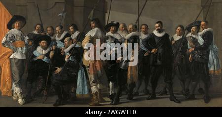 Compagnia della milizia del Distretto XI sotto il comando del capitano Reynier Reael, nota come «la meagra compagnia», Frans Hals, Pieter Codde, 1637 dipingendo il rifugio corporale del Capitano Reijnier Reael e del Tenente Cornelis Michielsz Blaeuw, Amsterdam, 1637, nota come «la compagnia magra». Sparato con due uomini seduti e altrimenti solo in piedi. Alcuni con uno striscione, un inferno e una lancia. oliare la vernice (vernice). guerra su tela; affari militari (+ soldato cittadino, guardia civile, milizia cittadina) Foto Stock