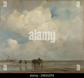 Molluschi, Jacob Maris, 1885 dipinti di molluschi. Sulla spiaggia alcune figure con reti a paletta pescano le conchiglie. Sulla destra due carri trainati da due cavalli, qualche peschereccio in mare. tela. pesca di gusci di vernice (vernice) a olio. spiaggia Foto Stock