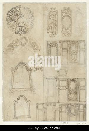 Liste di specchi e altri schizzi architettonici, Giovanni Battista Foggini, 1662 - 1725 disegno rivista di schizzi architettonici: Schizzi per architettura interna, liste di specchi, un pezzo finale e un vaso. Disegni per decorazioni murali e cornici. carta. inchiostro. decorazioni della superficie della penna di gesso  architettura. ornamenti derivati da forme vegetali. rivestimento a parete. interni  progettazione architettonica o modello Foto Stock