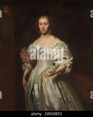 Ritratto di Cornelia Craen van Haeften, Cornelis Janssens van Ceulen (II) (attribuito a), 1663 - 1678 dipinto Ritratto di Cornelia Craen van Haeften, signora di Schorrestein. Moglie di Johan Servaes van Limburg. Ginocchio, in piedi con una collana di perle nella mano sinistra. In alto a sinistra l'arma della persona ritratta. Pendente SK-A-3928. tela. Pittura a olio (vernice) persone storiche - BB - donna Foto Stock