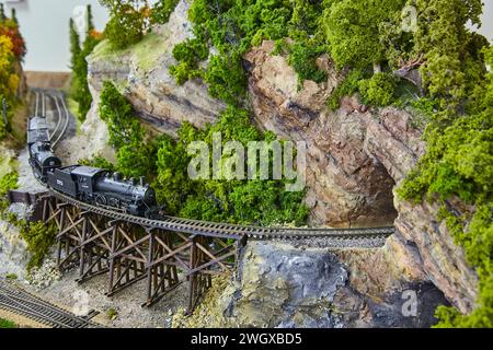 Locomotiva a vapore vintage sul modello Trestle Bridge con Scenic Diorama Foto Stock