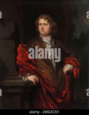 Ritratto di Pieter Groenendijk, Nicolaes Maes, 1677 - 1685 dipinto Ritratto di Pieter Groenendijk (-1731), segretario del consiglio dei quaranta. Sposò Petronella Dunois nel 1677 (vedi SK-A-4889). Ginocchio. La persona ritratta è vestita con una giacca marrone con una camicia in pizzo bianco e un mantello rosso. È appoggiato in un paesaggio contro una colonna a mezza altezza. Pendente SK-A-4889. oliare la vernice (vernice). canvas persone storiche Foto Stock