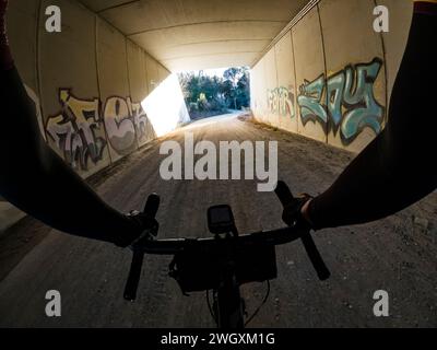 Pedalare su una strada di ghiaia tra alberi in una foresta Foto Stock