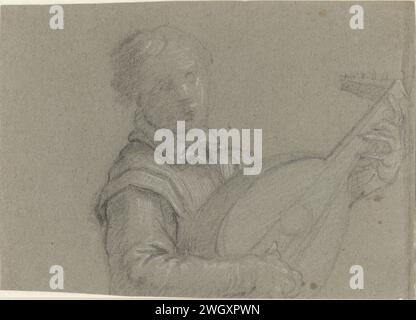 Luiten interpreta il giovane, Anonimo, 1610 - 1630 disegnando carta Verona. liuto di gesso e forme speciali di liuto, ad esempio: teorbo Foto Stock