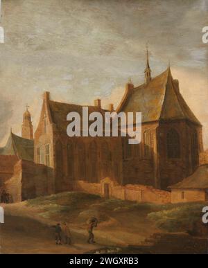 Convento di Sant'Agnese a Utrecht, Pieter des Ruelles, 1650 - 1658 dipinto Vista dell'Agnietenklooster a Utrecht, dall'esterno delle mura. In primo piano alcune cifre. pannello. oliare la vernice (vernice) della chiesa (esterna). abbazia, monastero, convento  chiesa cattolica romana Agnietenklooster Foto Stock