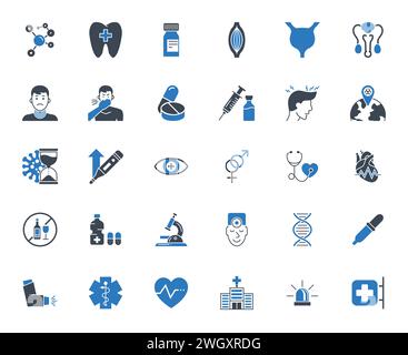 Set icone vettore medico. Icone, segni e simboli di glifo in Solid Design. Medicina, Assistenza sanitaria e Coronavirus pandemia COVID 19. Concetti relativi ai dispositivi mobili e. Illustrazione Vettoriale