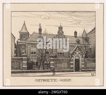 L'Henriette Hofje sulla Stadhouderskade di Amsterdam, Willem Wenckebach, 1870 - 1926 disegnando l'Henriette Hofje sulla Stadhouderskade di Amsterdam, costruita nel 1869 da Tetar van Elven. Giornale di Amsterdam. vernice del ponte. matita. Penna a inchiostro Allms-House (olandese: 'Hofje') Henriëttehofje. Stadhouderskade. Amsterdam Foto Stock