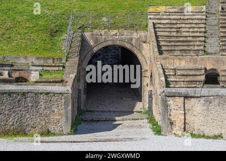 Wall ans seats of amphitheater, or coliseum of the archaeological park of Pompeii-Naples-Italy Stock Photo