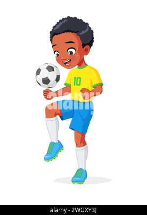 Ragazzo afroamericano giocatore di football in uniforme calcio palla con ginocchio. Illustrazione vettoriale isolata Illustrazione Vettoriale