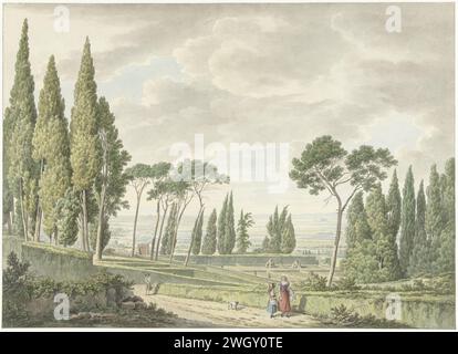 Vista delle terrazze della Villa d’Este a Tivoli, Daniël Dupré, 1791 carta da disegno. inchiostro. Pennello per acquerelli/pennarelli Villa d'Este. Tivoli. Italia Foto Stock