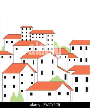 Strada cittadina suburbana sullo sfondo della grande città. Illustrazione vettoriale di case accoglienti in campagna Illustrazione Vettoriale