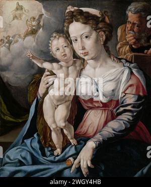 La Sacra famiglia, c. 1528 - c. 1530 dipinto Maria seduta con il bambino Cristo in piedi sul ginocchio a destra davanti a lei. Vernice a olio Mechelen (possibile) (vernice). Pittura di pannelli Sacra famiglia e rappresentazioni derivate. Madonna: Maria seduta o in trono, Cristo-bambino in grembo (o davanti al seno) (Maria a volte rappresentava mezza lunghezza) Foto Stock