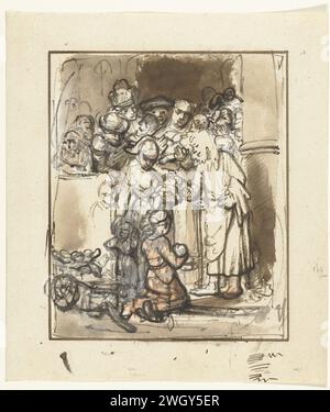 Cristo Benedetto i bambini, Nicolaes Maes, 1650 - 1653 carta da disegno. vernice del ponte. inchiostro. Pennarello di gesso / pennello Cristo benedizione dei bambini portati dalle loro madri, di solito con alcuni discepoli che guardano disapprovatamente (Matteo 19:13-15; Marco 10:13-16; Luca 18:15-17) Foto Stock